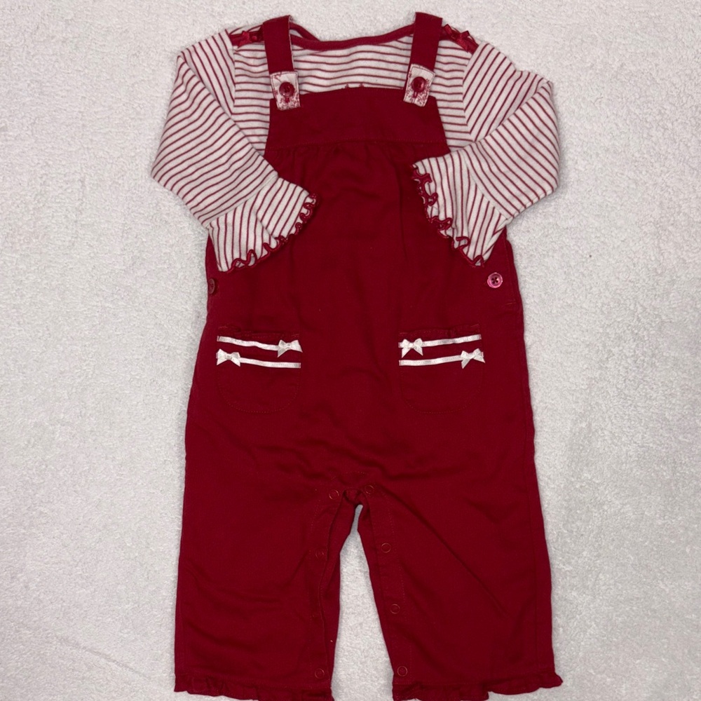 Vintage Gymboree Red bow ribbon ruffle Overalls striped top 3/6m